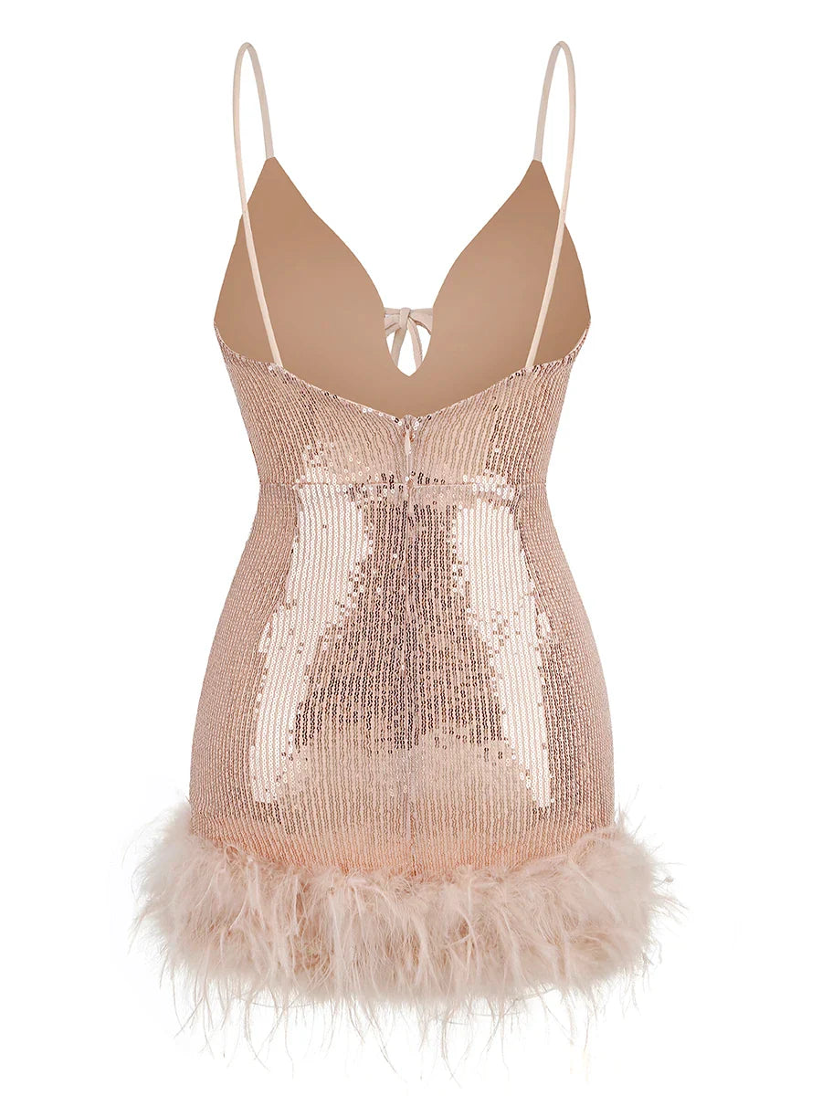 Aisha - Gold Feather Mini Dress