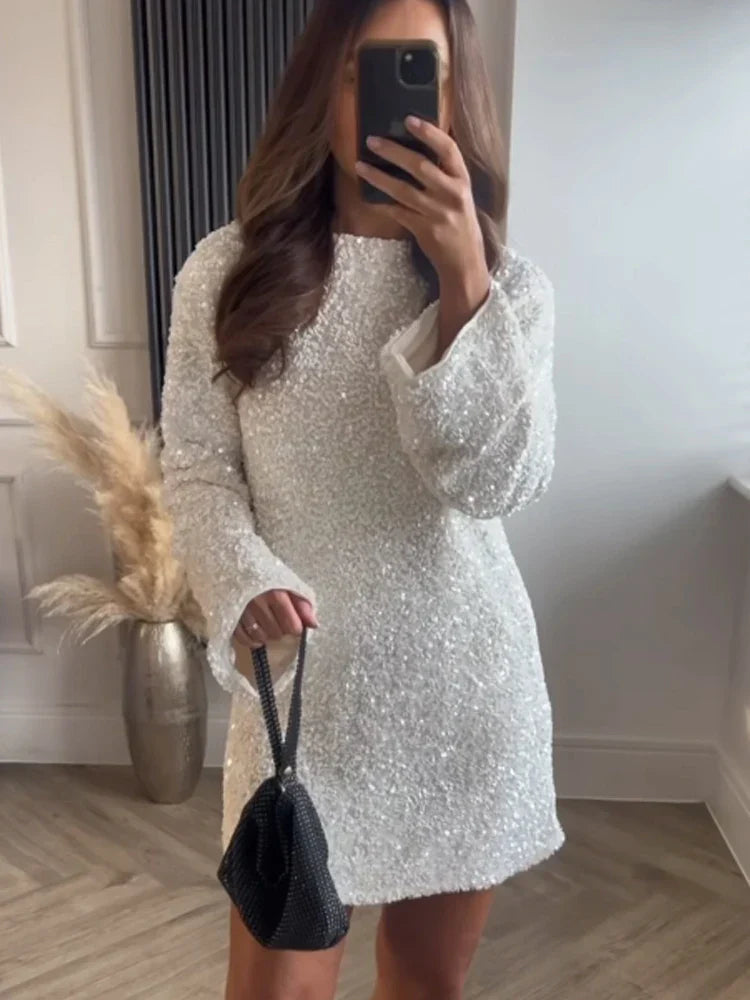 Ayla - Long Sleeve Glitter Dress With Bow Back