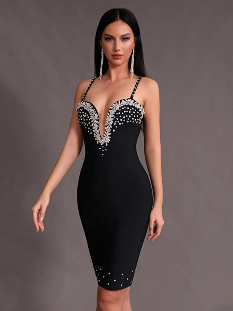 Carise - Black Beading Diamonds Mini Dress