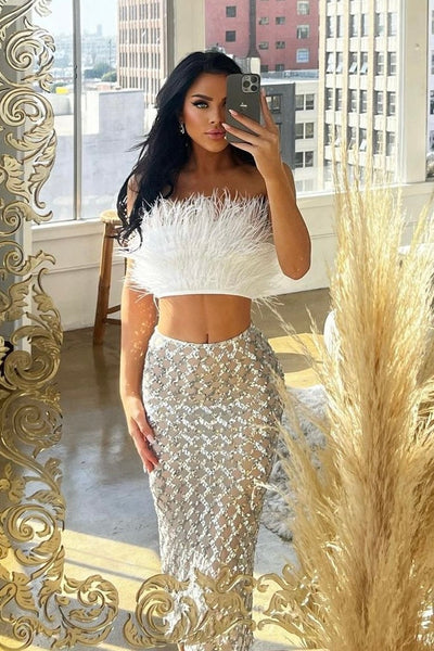 Grace - Fur Top & Shiny Sequins Skirt Two-Piece Set