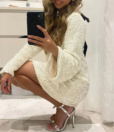 Ayla - Long Sleeve Glitter Dress With Bow Back