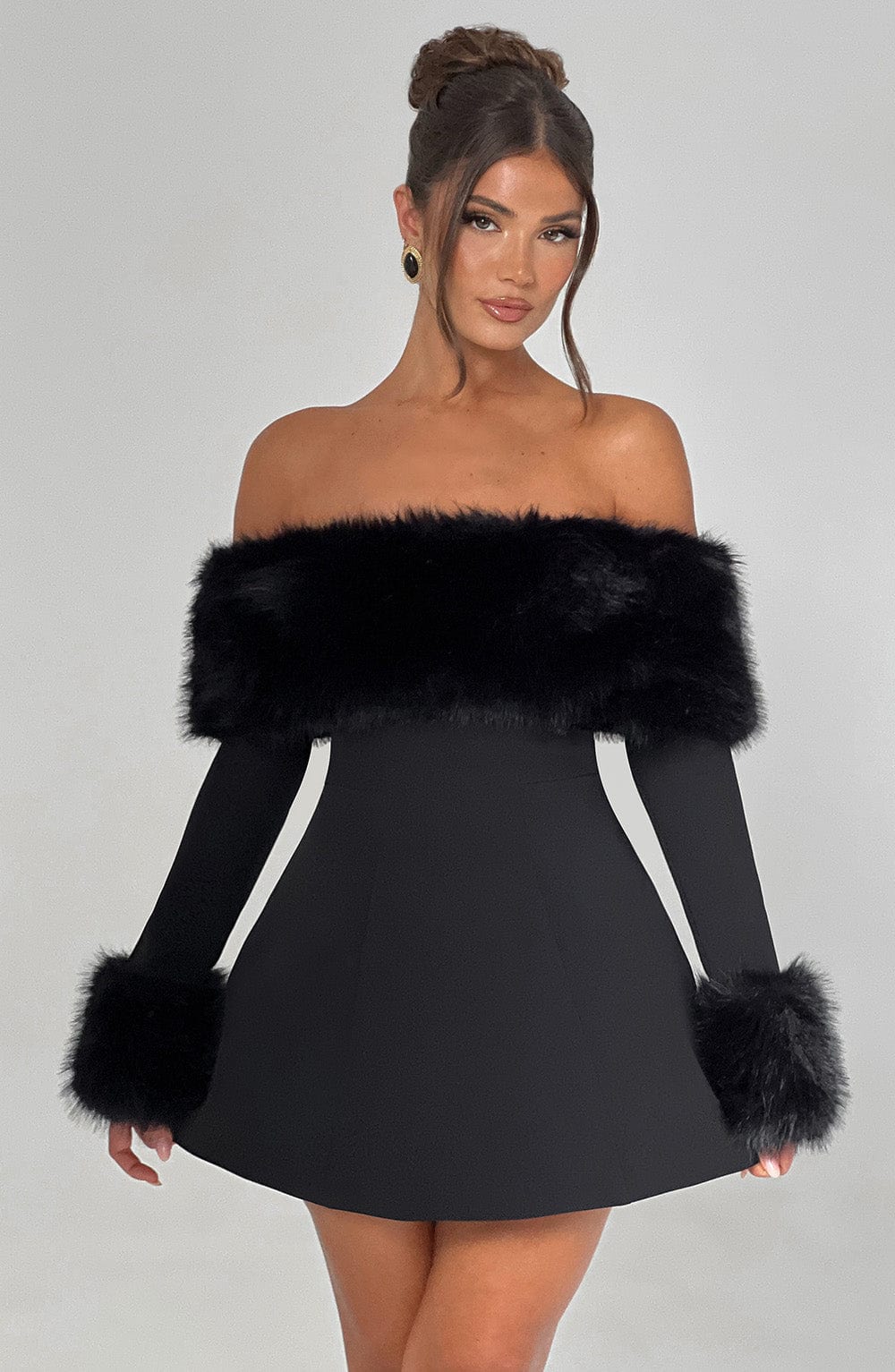 Imara - Off-Shoulder Fur Sleeve Mini Dress